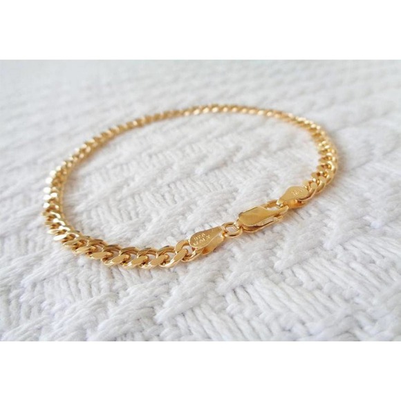 Gold Cuban Link Chain Bracelet, Gold Plated 925 Sterling Silver TopQuality Italy - Picture 5 of 5